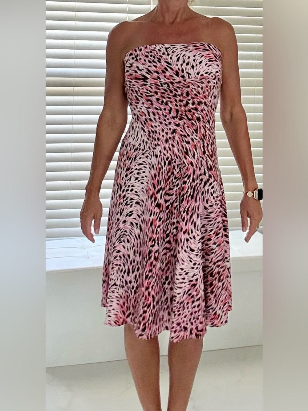 BCBGMaxAzria Strapless Pink and Black Animal-Print Midi Dress